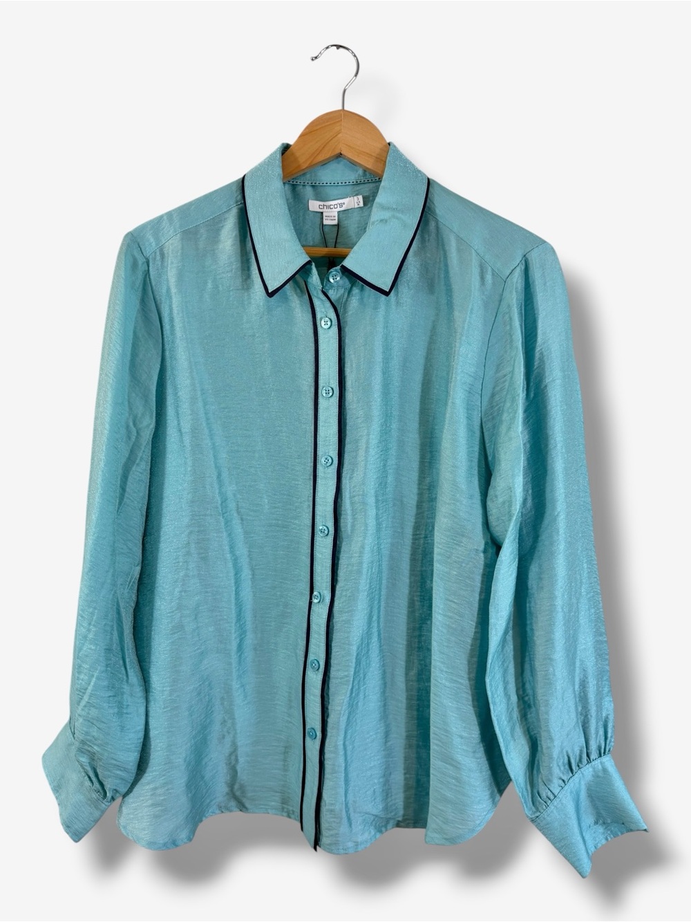 Chico's Teal Button-Front Blouse with Black Piping